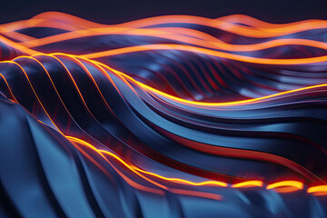3d render, abstract geometric background illuminated with blue orange neon light Glowing wavy line Futuristic minimal wallpaper