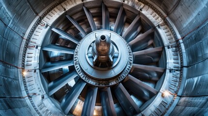 Obraz premium A unique bottom-up perspective of turbine and its guide vanes within a hydropower plant