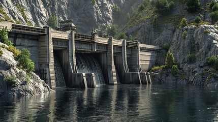 A hydroelectric power plant located in a serene natural setting, featuring a large dam with flowing water and surrounded by lush greenery