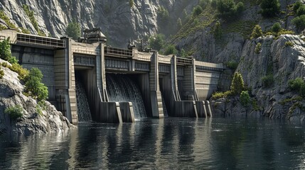 Obraz premium A hydroelectric power plant located in a serene natural setting, featuring a large dam with flowing water and surrounded by lush greenery