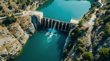 Aerial view of a hydroelectric power plant and water dam, illustrating the expansive infrastructure set against a natural landscape