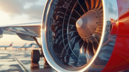 Close-up view of a turbojet engine on an airplane, highlighting the intricate details of its mechanical components and design