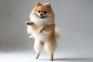 Fototapeta premium Portrait of cute small dog, Pomeranian spitz standing on hind legs, dancing isolated over white background. Concept of domestic animal, pet friend, care, motion, vet. Copy space for ad, flyer 