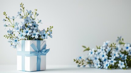 Elegant Blue Flowers in Gift-Wrapped Box on White Background