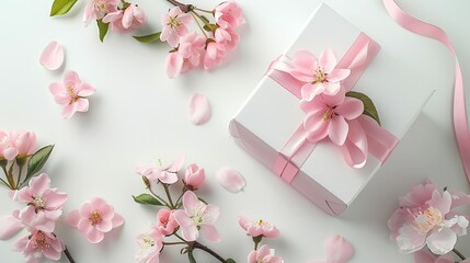 Elegant Spring Gift Box Surrounded by Pink Blossoms