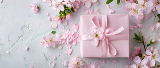 Elegant Pink Gift Box Surrounded by Spring Blossoms