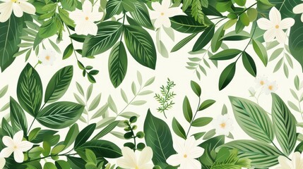 A vector-designed seamless pattern featuring an abstract background adorned with stylized green leaves and flowers