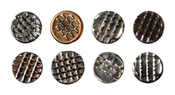 Set of metal nail heads isolated on transparent background