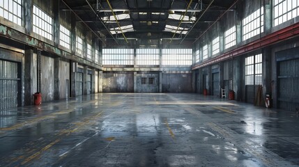Obraz premium An expansive view inside a warehouse, highlighting its large space and industrial atmosphere.