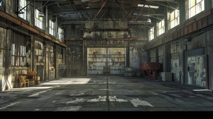 An expansive view inside a warehouse, highlighting its large space and industrial atmosphere.