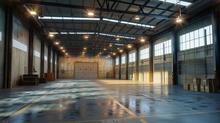 An expansive view inside a warehouse, highlighting its large space and industrial atmosphere.