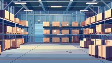 Inside a warehouse, neatly organized carton boxes are stacked on sturdy metal shelves, optimizing space and access
