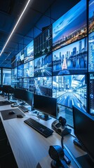 Fototapeta premium A modern control room equipped with advanced Video Management System software empowers security personnel to monitor and manage multiple surveillance cameras simultaneously 