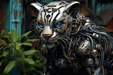 Capture a high-angle perspective of robotic animals in a lush digital jungle, using photorealistic techniques to enhance their mechanical features and intricate details