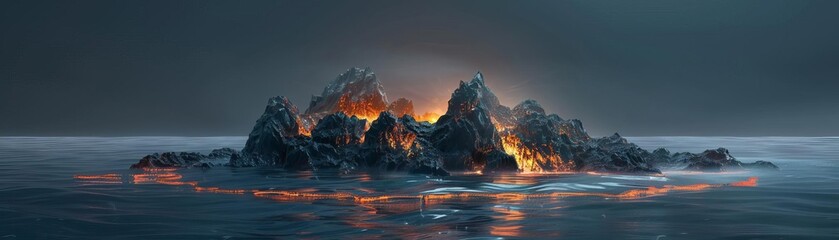 Fototapeta premium Faceless Surreal Mascara Island A surreal island made entirely of glowing hotmetal mascara stands in a dark ocean