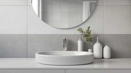 Minimalist modern white bathroom sink with a blank soap dispenser mockup