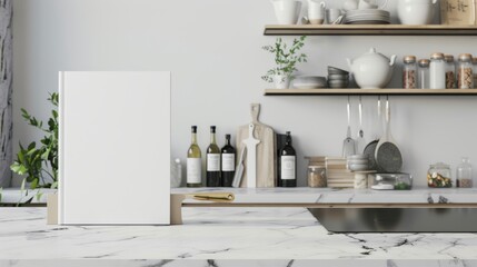 Minimalist modern kitchen with a blank cookbook mockup