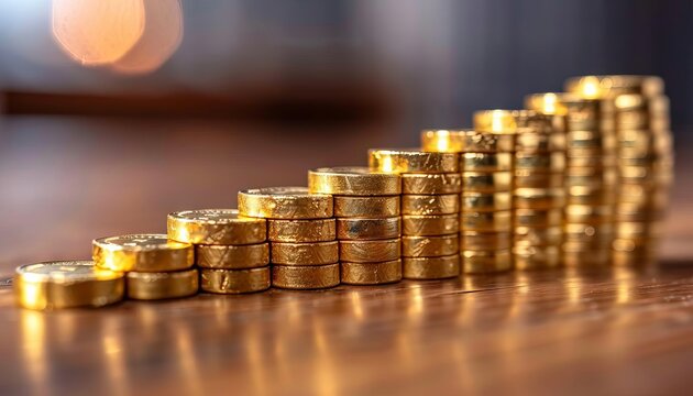 A photo of a stacks of gold coins arranged in an ascending order. The coins are shiny and new. The background is out of focus and there is a spotlight on the coins.