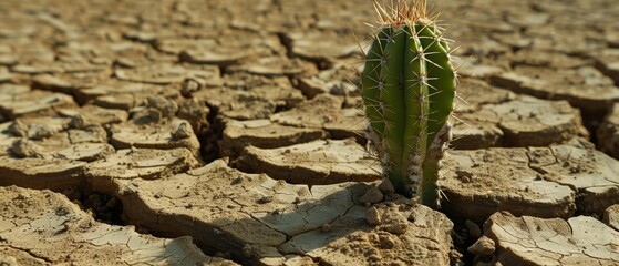 Endless Drought Desert A lone cactus with a humorous Need Water sign stands amid a cracked desert landscape symbolizing global warmings impact - obrazy, fototapety, plakaty