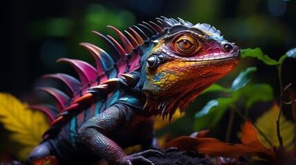 Colorful basilisk in motion, neon highlights catching the light, active and natural rainforest environment - obrazy, fototapety, plakaty