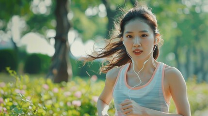 Woman running in the park while listening to music with her headphones, healthy activity photography