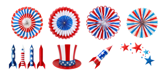 4th of July decorations set isolated on transparent background