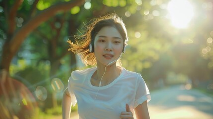 Woman running in the park while listening to music with her headphones, healthy activity photography