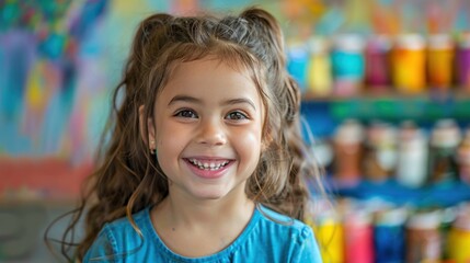 Smiling girl looking at camera happily while participating in an art class student smile It reflects her joy as she explores expression.