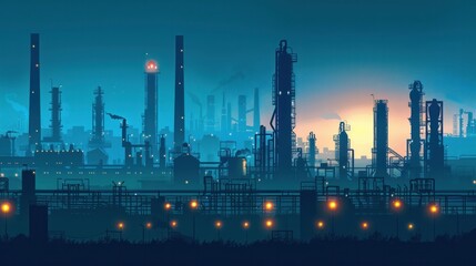 Obraz premium An industrial silhouette background depicting a blue oil refinery complex, emphasizing a technical and engineering theme