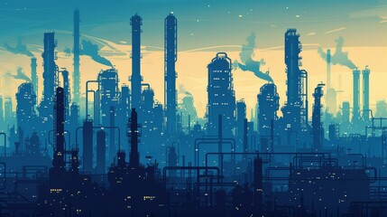 An industrial silhouette background depicting a blue oil refinery complex, emphasizing a technical and engineering theme