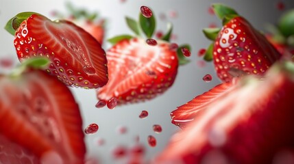 Fresh Strawberry Halves Floating Elegantly on White - Detailed Red Berry Halves in Air