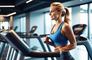 Obraz premium Young woman running on a treadmill in a sports club