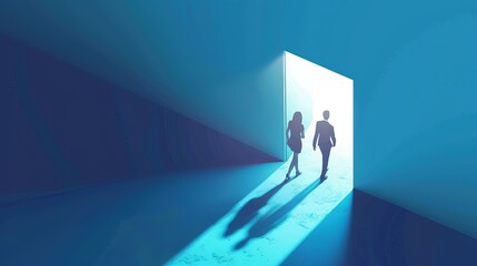 A businesswoman and businessman walk toward a bright, shining door set in a blue wall, symbolizing progress and opportunity in an isometric vector illustration.