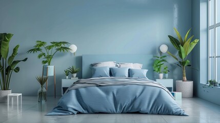 A serene sky blue bedroom featuring a double bed, complemented by plants and grey boxes on the floor.

