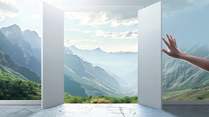 A hand opens the door to reveal nature and mountains.