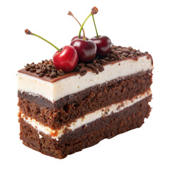 Chocolate cake slice topped with cherries on a transparent backdrop