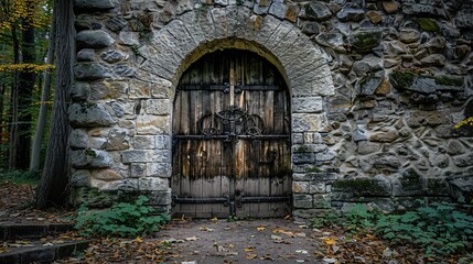 A large wooden door swings open within the rock castle wall.