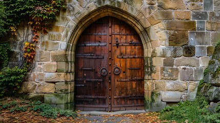 A large wooden door swings open within the rock castle wall.