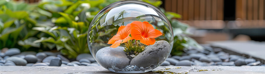 Within the transparent confines of a glass globe, the vibrant orange petals of the flowers are magnified, their intricate details and vivid colors capturing the attention of passersby