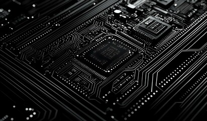 Close up of a black high tech circuit board background illustration. AI generated.
