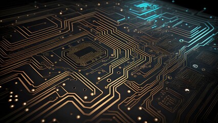 Close up of a black high tech circuit board background illustration. AI generated.