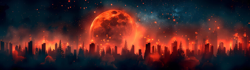 Hovering low on the horizon, the grandeur of a sizable crimson moon bathes the sprawling city skyline in a fiery red hue, casting an enchanting glow across the urban landscape