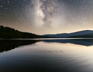 Center on the gentle ripples of a lake under a starry sky, where the stars are artistically blurred into a bokeh effect