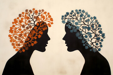 Two silhouetted profiles facing each other, merged with autumn and spring tree motifs