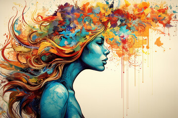 Vibrant artwork depicting a woman with a burst of colors on her mind