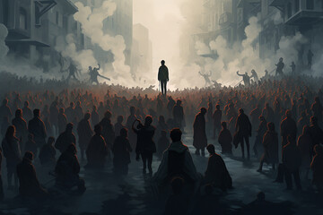 A single person stands facing a crowd in a chaotic, smoky setting