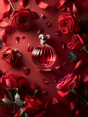 Red Perfume Bottle Amidst a Sea of Roses with Intricate Ribbon Details on a Satin Surface