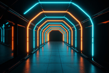 An illuminated passage with blue and orange neon lighting in a modern, sci-fi setting