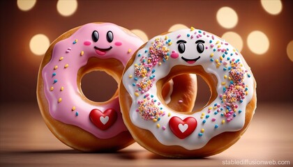 Cute happy couple of donut in love. 3d rendering
