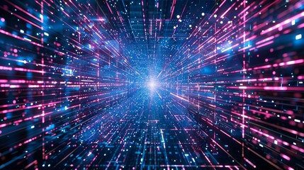 Fototapeta premium A 3D rendering of a digital matrix composed of particles forming a grid, representing a virtual reality space.